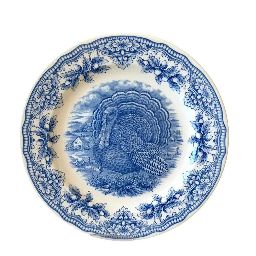 Royal Stafford Thanksgiving TURKEY Dinner Plates 11in Set of 4 Blue NEW